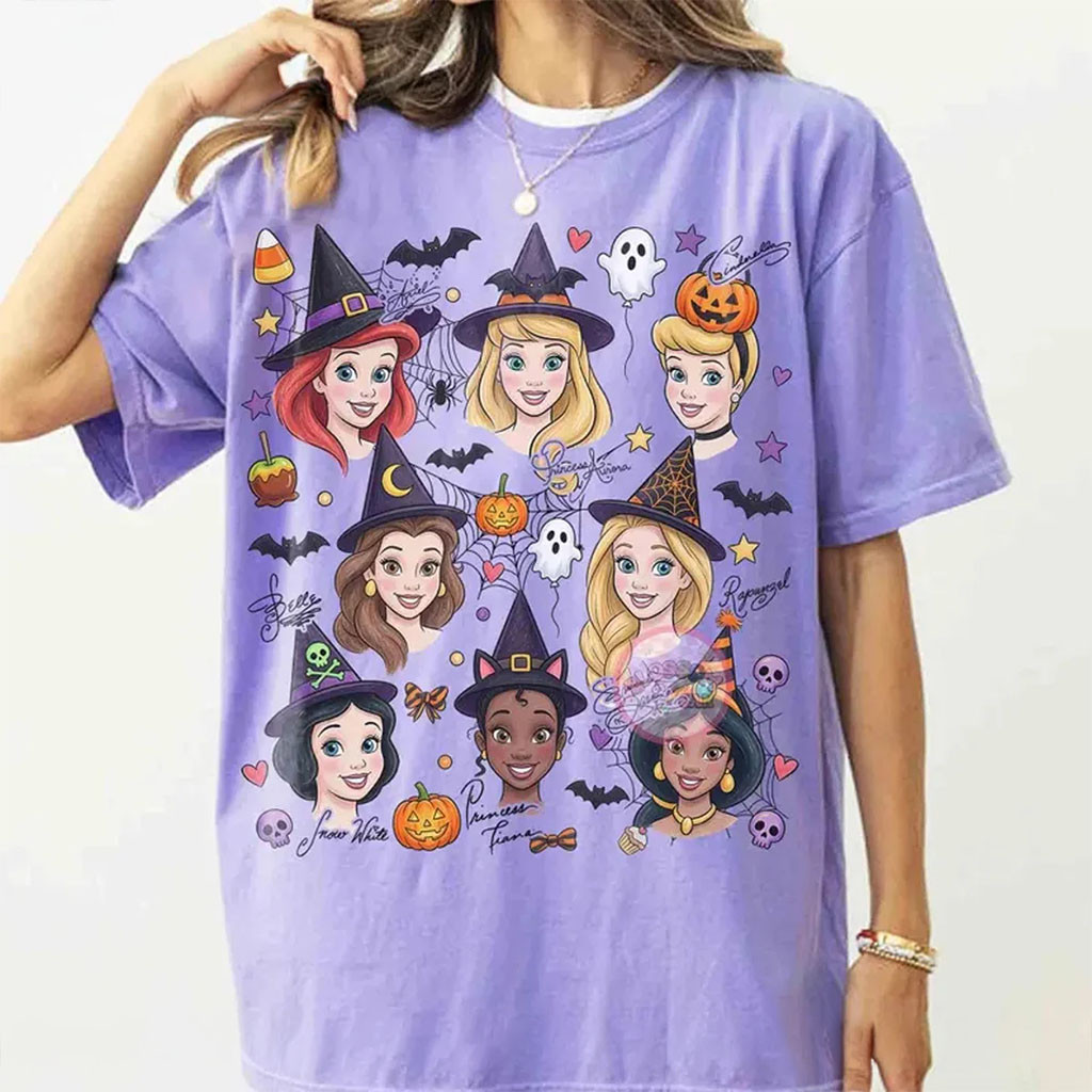 D Princess Signature Halloween Shirt Belle Ariel Snow White Princess Pumpkin Tee Spooky Gifts - Kdjoy