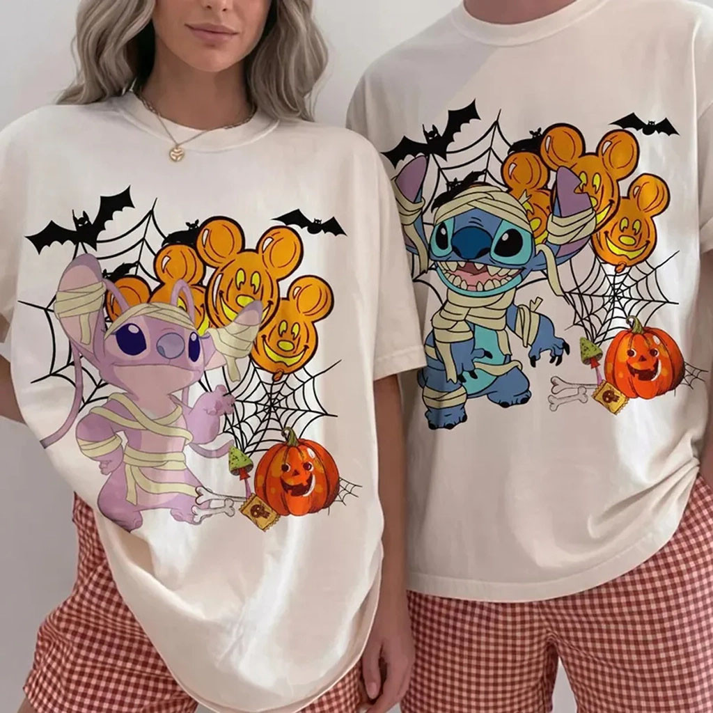 D Stitch And Angel Mummy Costume Shirt Lilo And Stitch Merch Halloween Gifts For Couple - Kdjoy