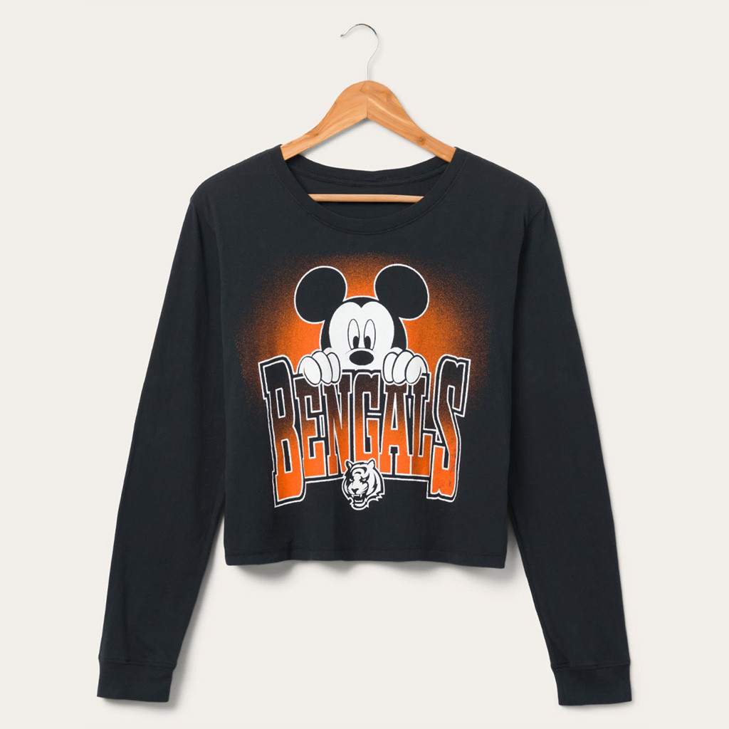 D X Junk Food Football Collection Merch Cincinnati Bengals Mickey Hang On Crop Long Sleeve Shirt - Kdjoy