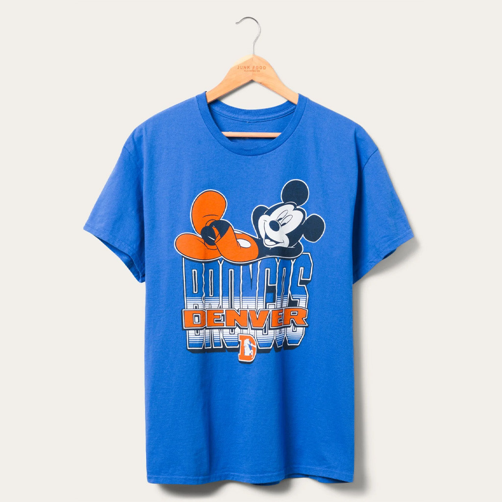 D X Junk Food Football Collection Merch Denver Broncos Mickey Kick Back T-Shirt Broncos Merch - Kdjoy