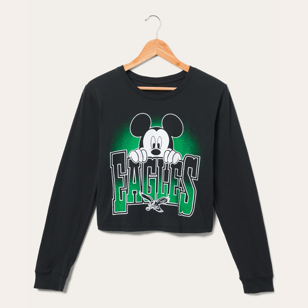 D X Junk Food Football Collection Merch Philadelphia Eagles Mickey Hang On Crop Long Sleeve Shirt' - Kdjoy