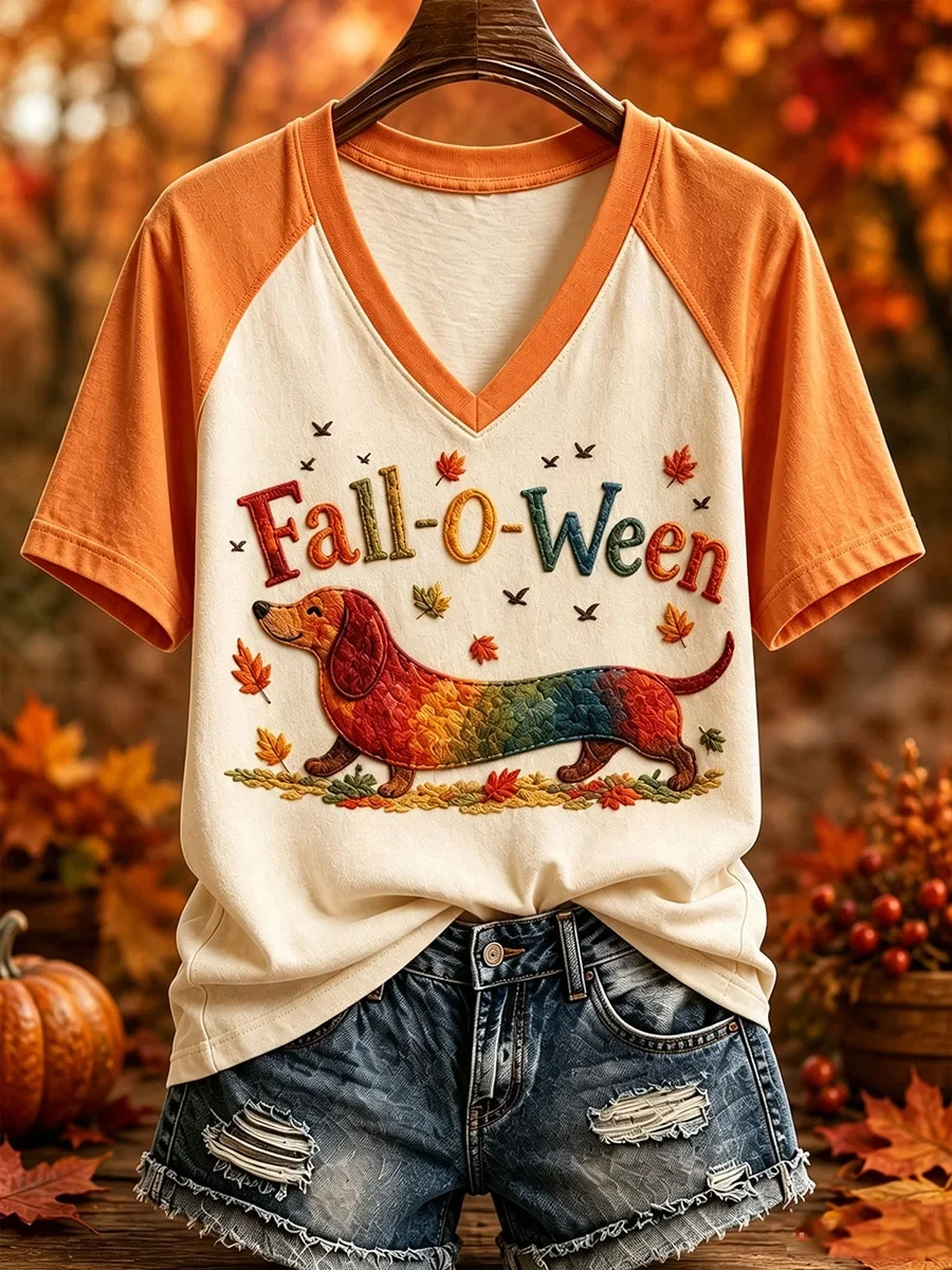 Dachshund Fall-O-Ween V-Neck Shirt Cute Autumn Outfits Halloween Gifts For Dog Lovers - Kdjoy