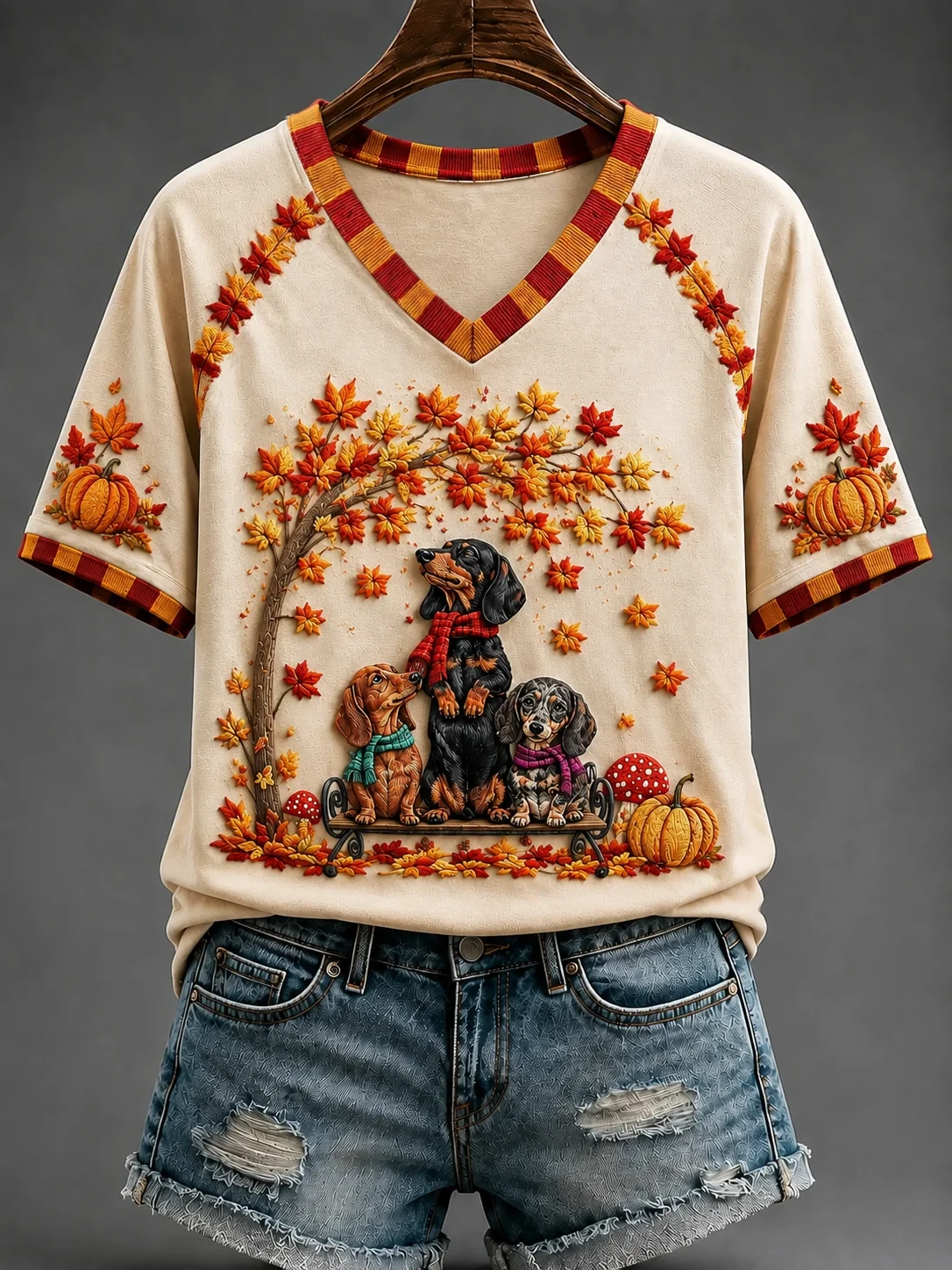 Dachshund Fall V-Neck Shirt Cozy Autumn Vibes Clothing Sausage Dog Lover Gift For Her - Kdjoy