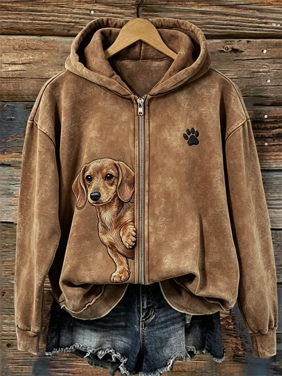 Dachshund Puppy Peeking Zip Hoodie Cute Dog Paw Merch Meaningful Gifts - Kdjoy