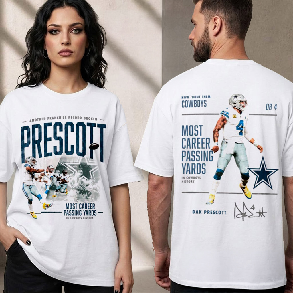 Dak Prescott Dallas Cowboys Celebrating QB1 Most Career Passing Yards T-Shirt Cowboys Merch - Kdjoy Dak Prescott Dallas Cowboys Celebrating QB1 Most Career Passing Yards T-Shirt Cowboys Merch - Kdjoy