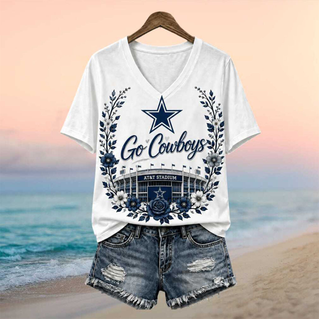 Dallas Cowboys AT&T Stadium Floral V-Neck Shirt Dallas Cowboys Merch Gifts For Football Fan - Kdjoy