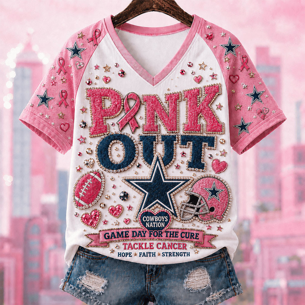 Dallas Cowboys Breast Cancer Awareness V-Neck T-Shirt Pink Out Game Day For Cure Cowboys Merch