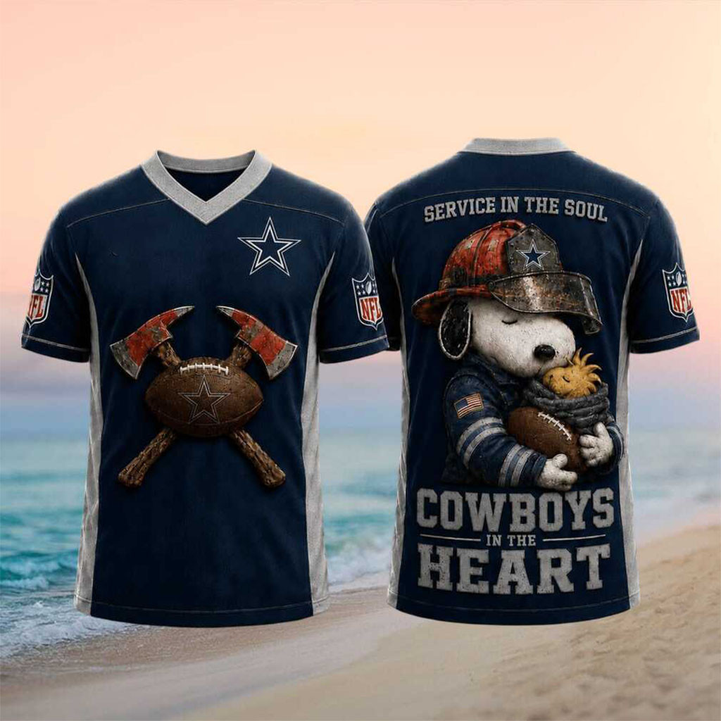 Dallas Cowboys Snoopy Firefighter Football In The Heart V-Neck Shirt Cowboys Merch Best Gifts - Kdjoy