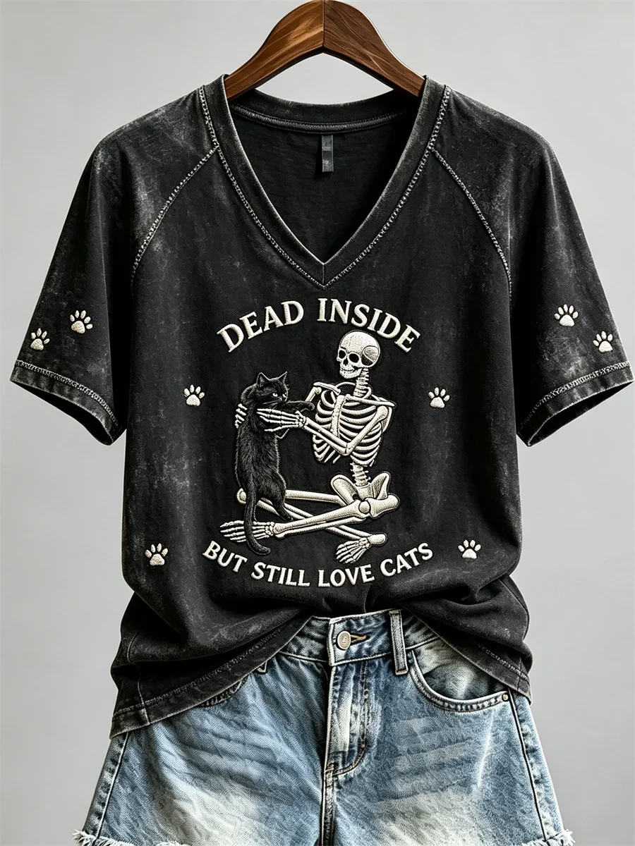Dead Inside But Still Love Cats Skeleton Black Cat V-Neck Shirt Birthday Ideas For Men - Kdjoy