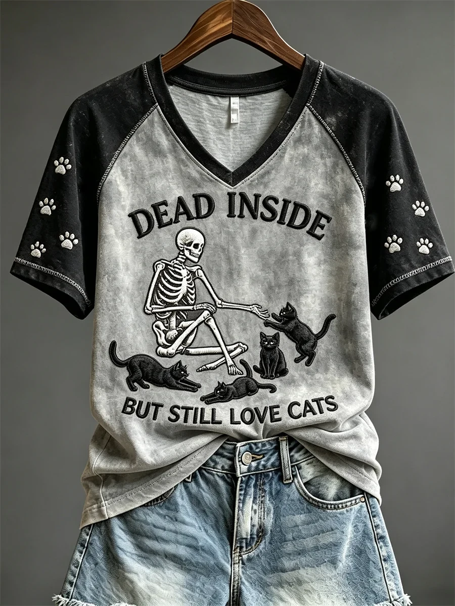 Dead Inside But Still Love Cats Skeleton Black Cats V-Neck Shirt Halloween Clothes For Cat Mom - Kdjoy Dead Inside But Still Love Cats Skeleton Black Cats V-Neck Shirt Halloween Clothes For Cat Mom - Kdjoy