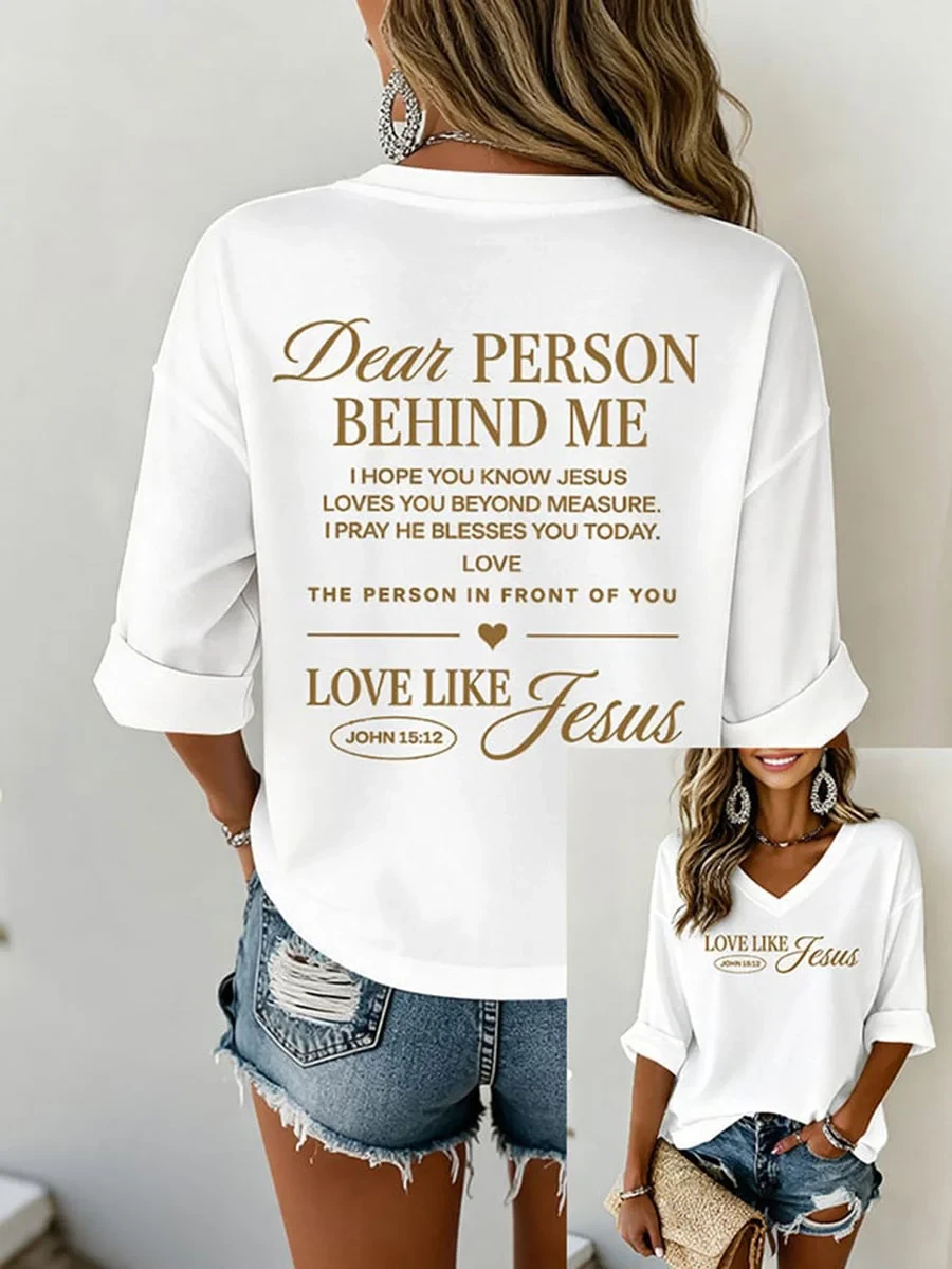Dear Person Behind Me Love Like Jesus Cropped Sleeve V-Neck Shirt Christian Kindness Merch Gift - Kdjoy Dear Person Behind Me Love Like Jesus Cropped Sleeve V-Neck Shirt Christian Kindness Merch Gift - Kdjoy