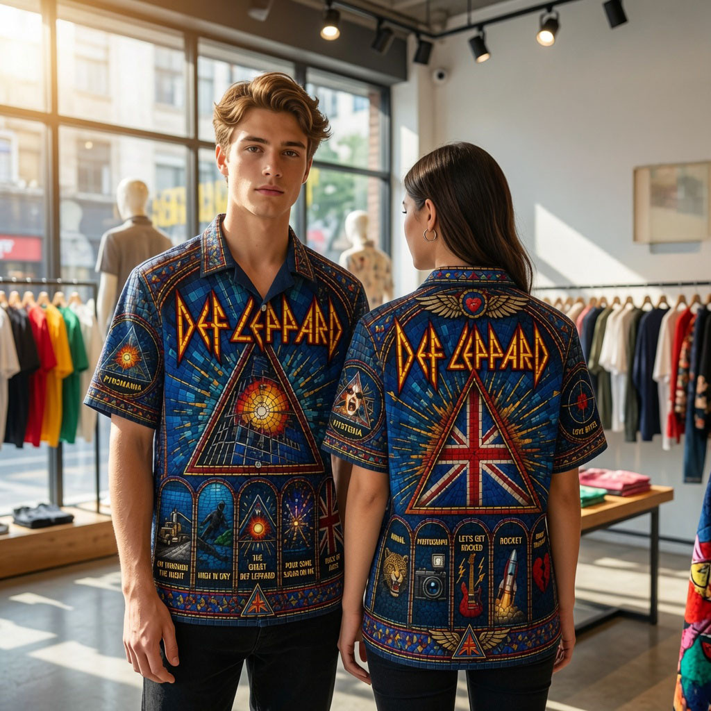 Def Leppard Stained Glass Hysteria Pyromania Rock Band Hawaiian Shirt Def Leppard Merch 2026 - Kdjoy