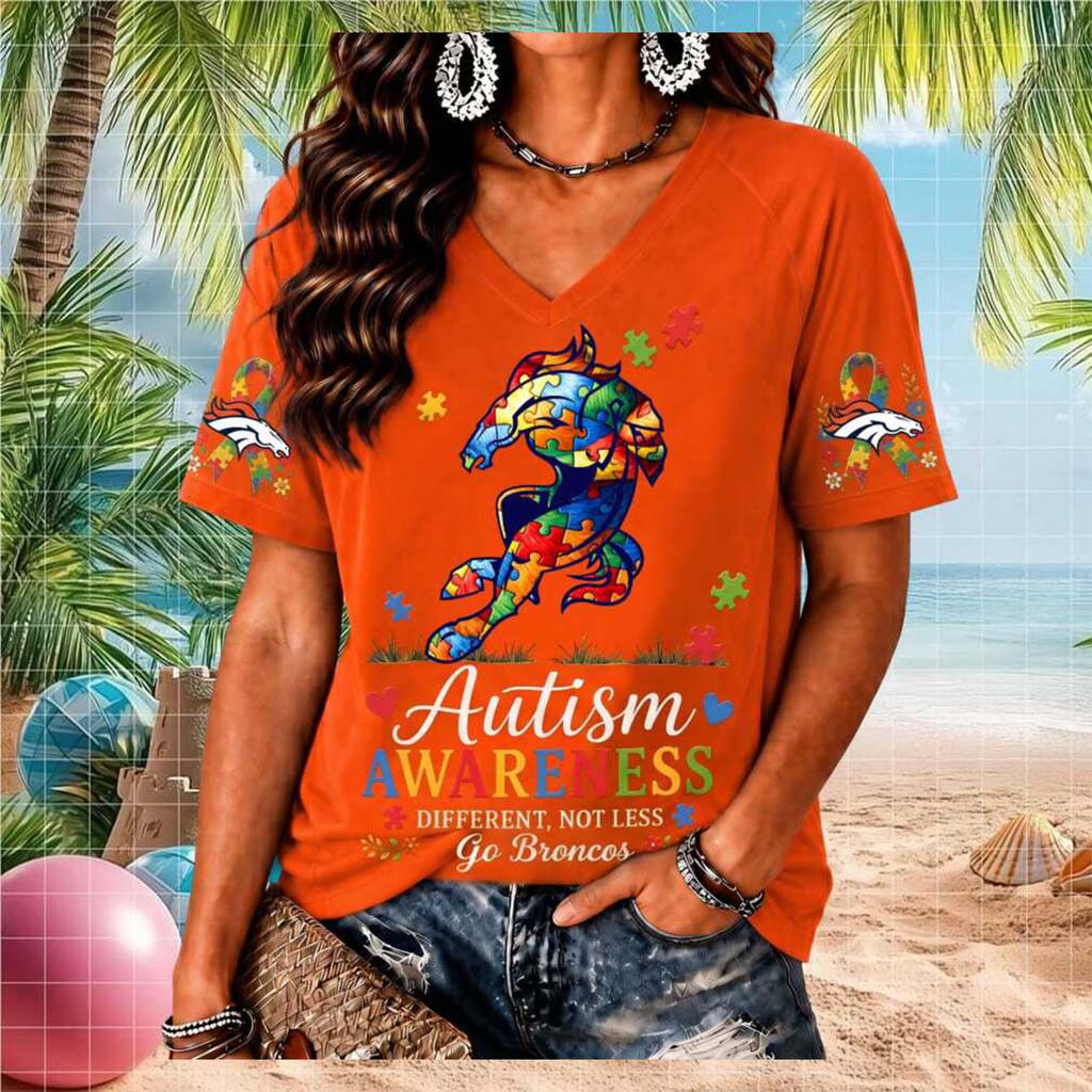 Denver Broncos Autism Awareness Puzzle Piece V-Neck Shirt Denver Broncos Merch Fan Gifts - Kdjoy