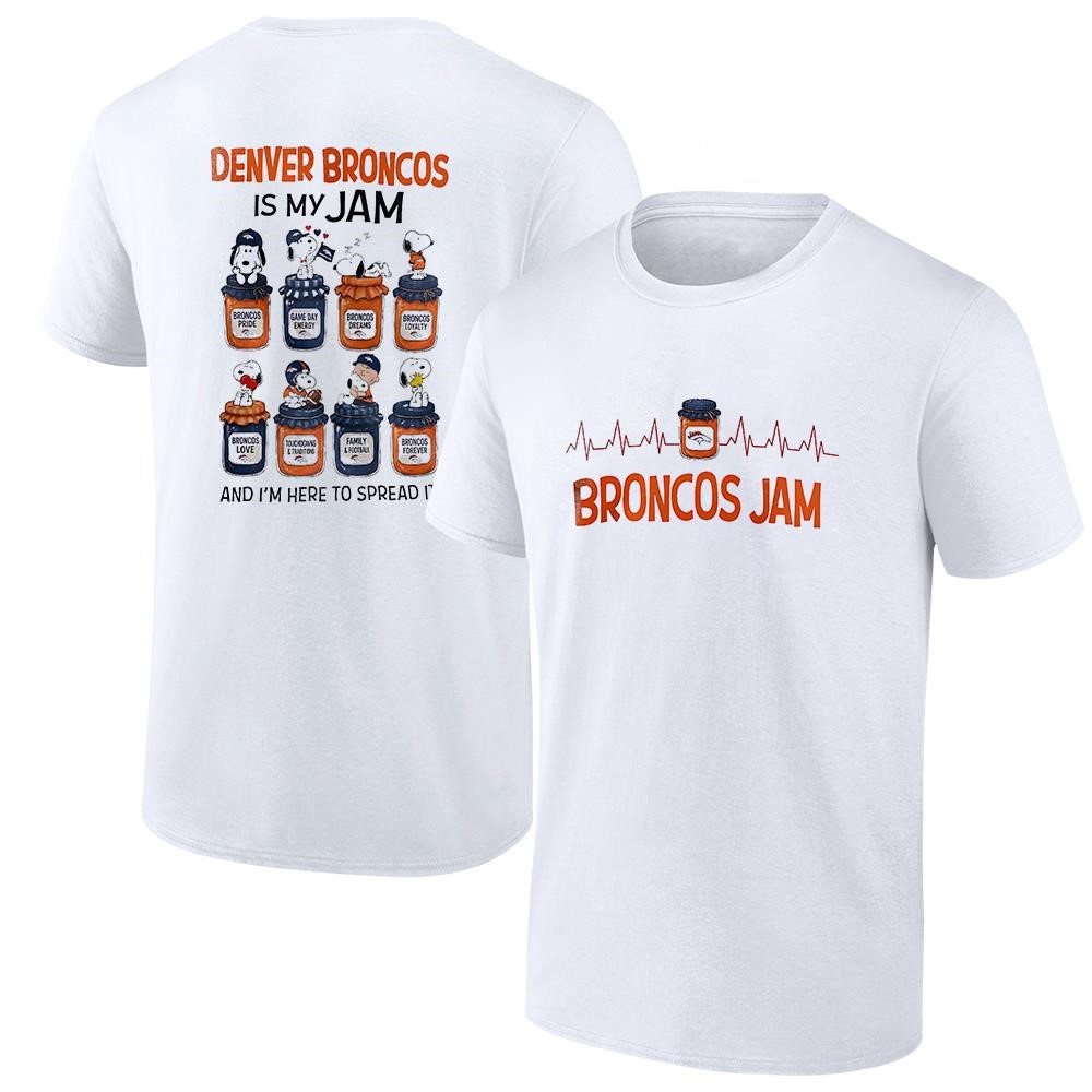 Denver Broncos Merch 2026 Broncos X Snoopy Is My Jam And I'm Here To Spread It T-Shirt White - Kdjoy Denver Broncos Merch 2026 Broncos X Snoopy Is My Jam And I'm Here To Spread It T-Shirt White - Kdjoy