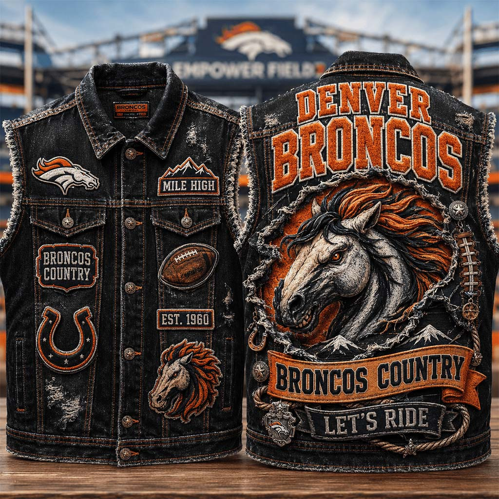 Denver Broncos Merch Broncos Country Let's Ride Est 1960 Denim Vest Presents For Football Lovers - Kdjoy