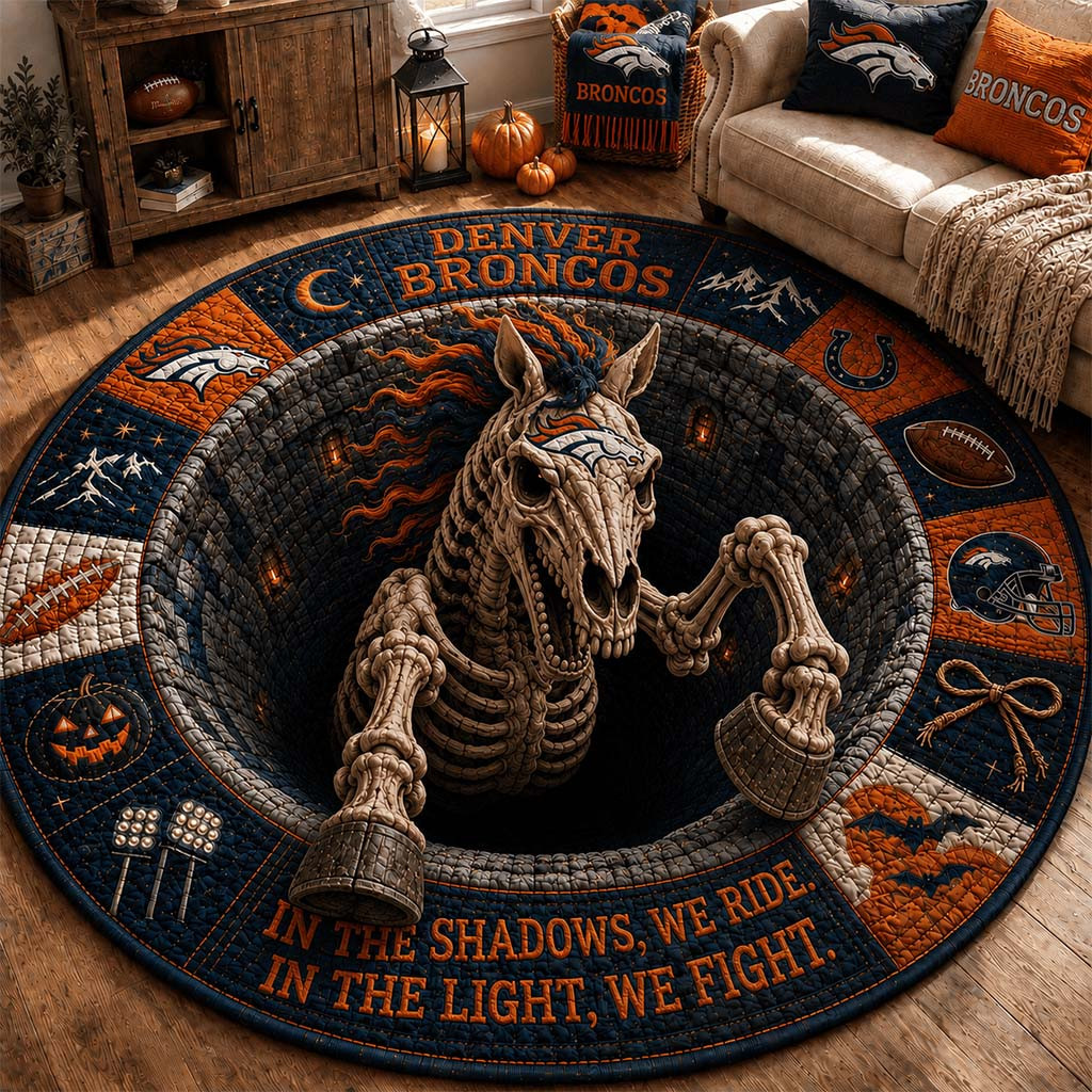 Denver Broncos Merch In The Shadows We Ride In The Light We Fight Quilted Round Mat Home Decor - Kdjoy Denver Broncos Merch In The Shadows We Ride In The Light We Fight Quilted Round Mat Home Decor - Kdjoy