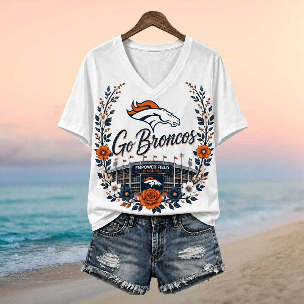 Denver Broncos Stadium Floral Wreath Go Broncos Football V-Neck Shirt Denver Football Merch - Kdjoy