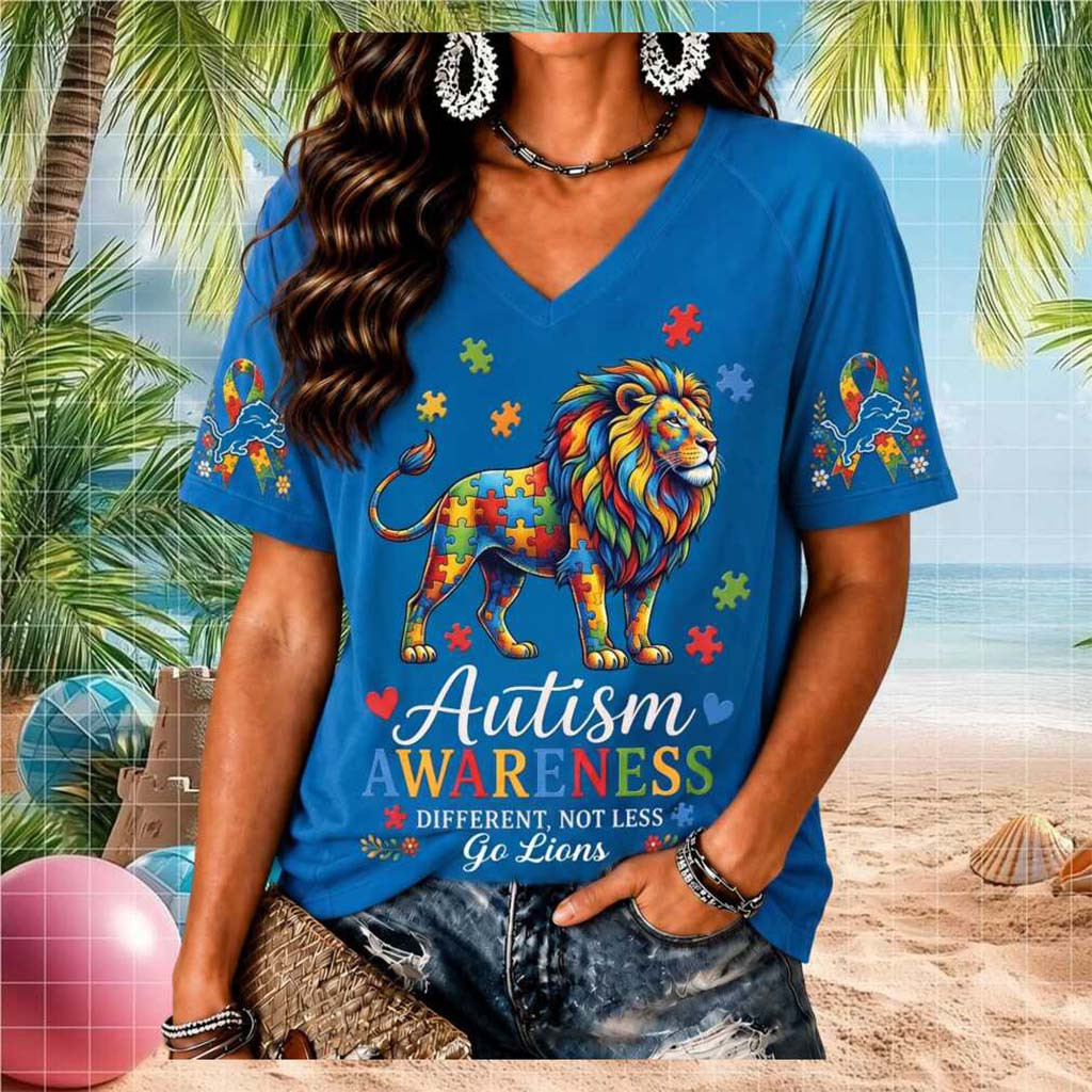 Detroit Lions Autism Awareness Puzzle Piece V-Neck Shirt Detroit Lions Merch Gift For Mom - Kdjoy