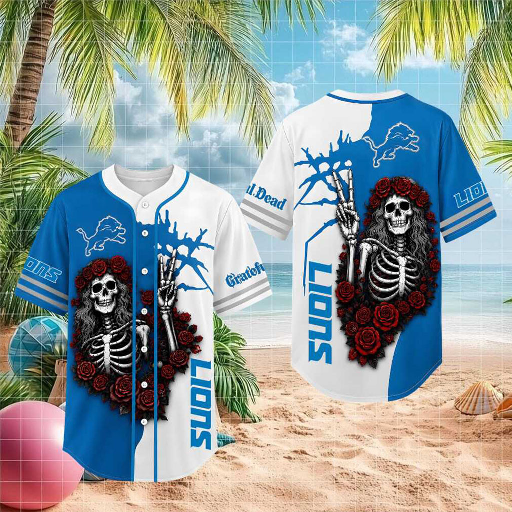 Detroit Lions Grateful Dead Skull Rose Baseball Jersey Detroit Lions Merch Gifts For Son - Kdjoy Detroit Lions Grateful Dead Skull Rose Baseball Jersey Detroit Lions Merch Gifts For Son - Kdjoy