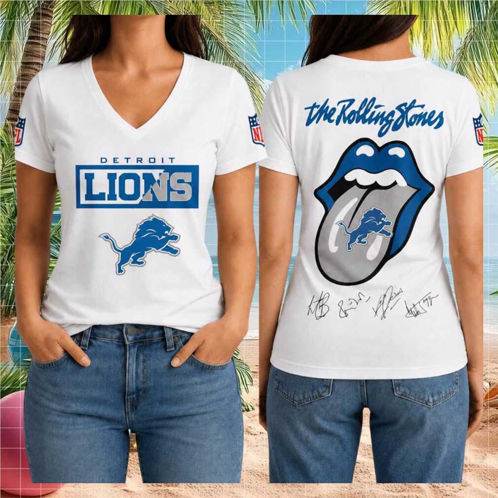 Detroit Lions Rolling Stones Tongue Logo V-Neck Shirt Detroit Lions Merch Game Day Outfits - Kdjoy