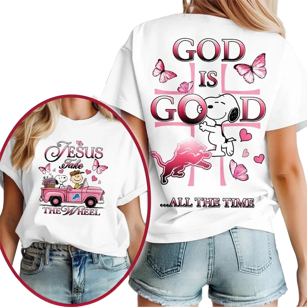 Detroit Lions Snoopy Jesus Take The Wheel God Is Good Shirt Detroit Lions Merch Christian Gifts - Kdjoy