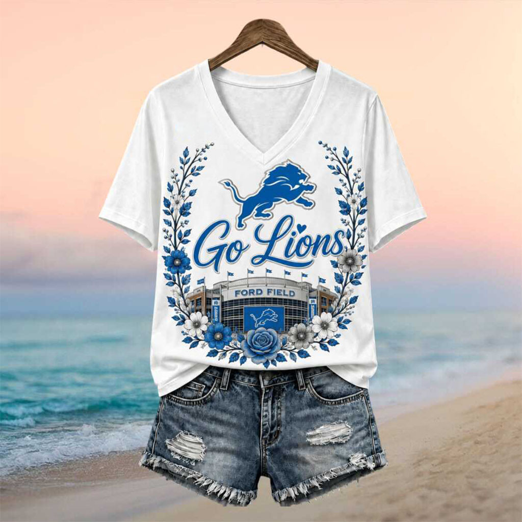 Detroit Lions Stadium Floral Wreath Go Lions Football V-Neck Shirt Detroit Football Merchv - Kdjoy