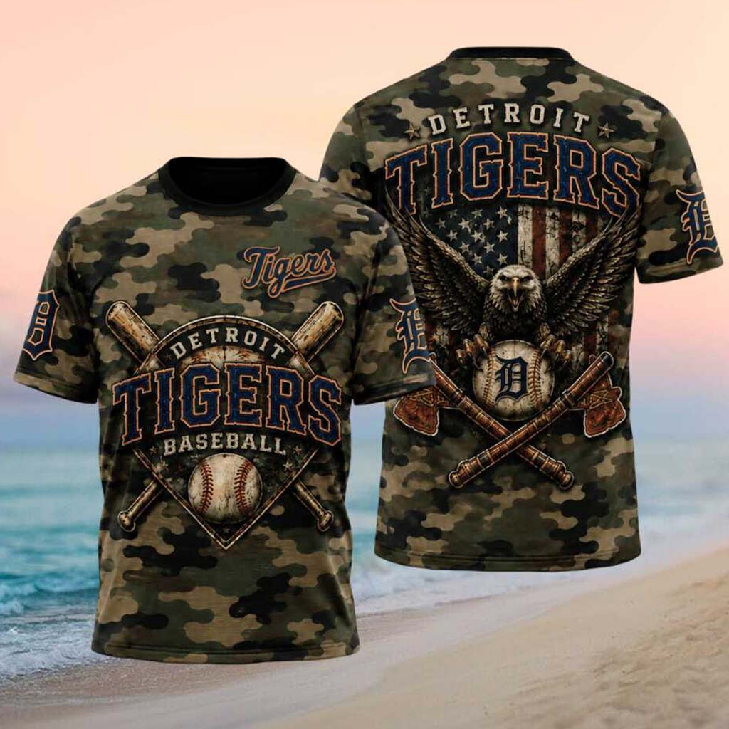 Detroit Tigers Bald Eagle American Flag Camo T-Shirt Detroit Tigers Merch Patriotic Gift Ideas