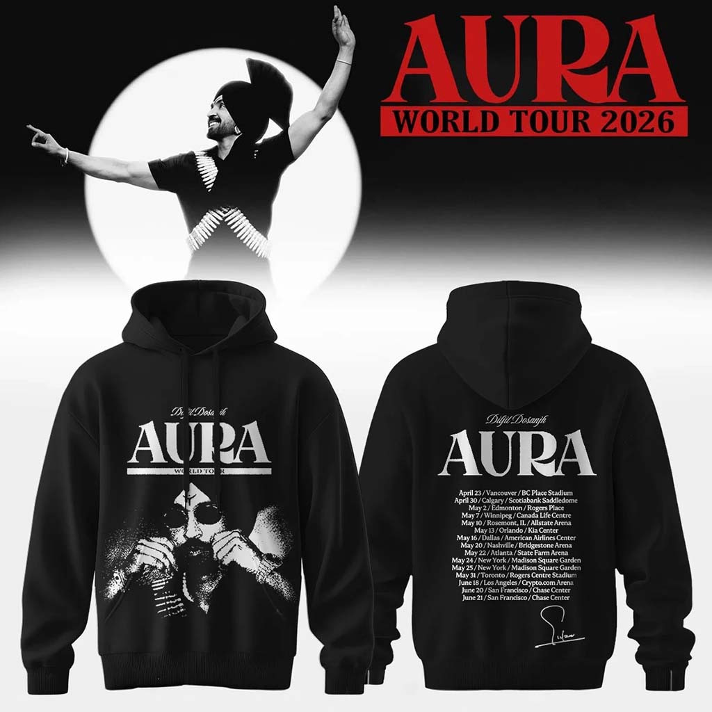 Diljit Dosanjh Merch AURA World Tour Signature Hoodie Black Best Gifts For Brother - Kdjoy