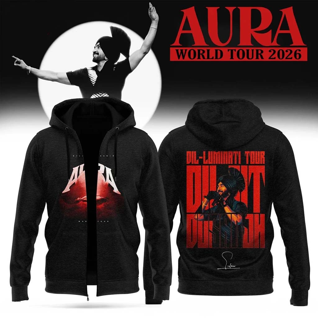 Diljit Dosanjh Merchandise AURA World Tour Signature Zip Hoodie Music Fan Clothing - Kdjoy