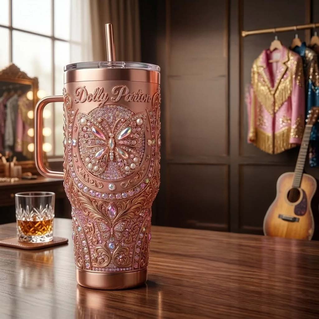 Dolly Parton Rose Gold Butterfly Stanley Tumbler Dolly Parton Merch Best Gift For Country Fans - Kdjoy