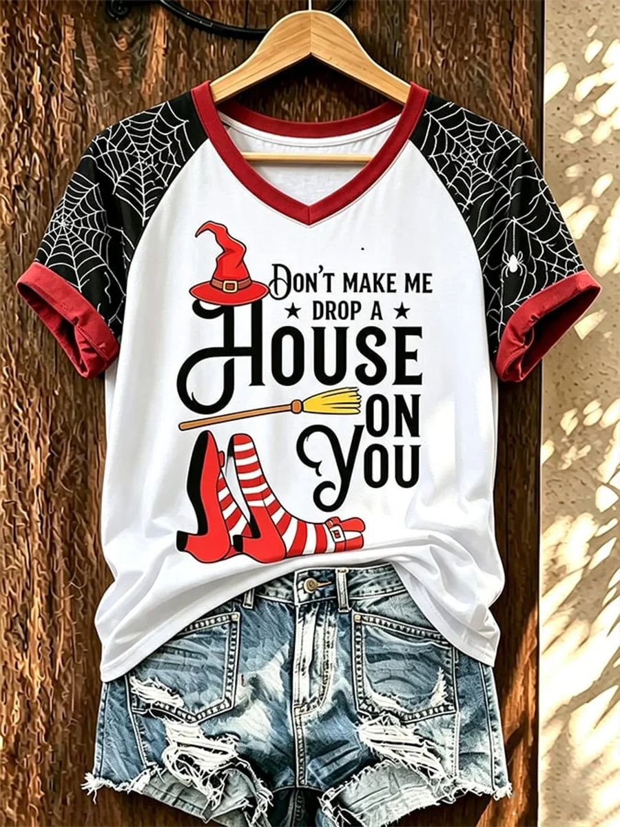 Don't Make Me Drop A House On You V-Neck Shirt Fun Halloween Clothing Gift For Witch - Kdjoy