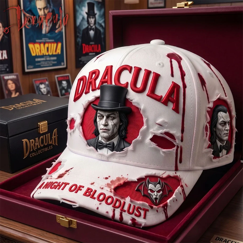Dracula A Night Of Bloodlust Sculpted Distressed Hat Halloween Baseball Cap Dracula Merch - Kdjoy