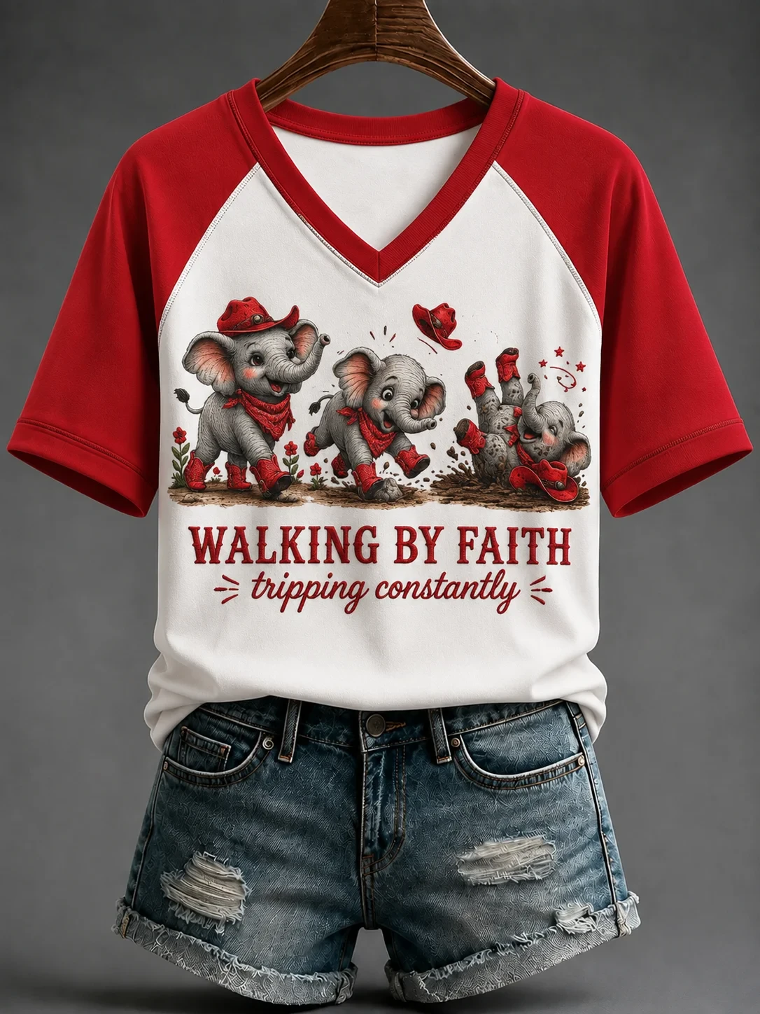 Elephant Walking By Faith Tripping Constantly V-Neck Shirt Cute Animal Shirt Gift For Christian - Kdjoy