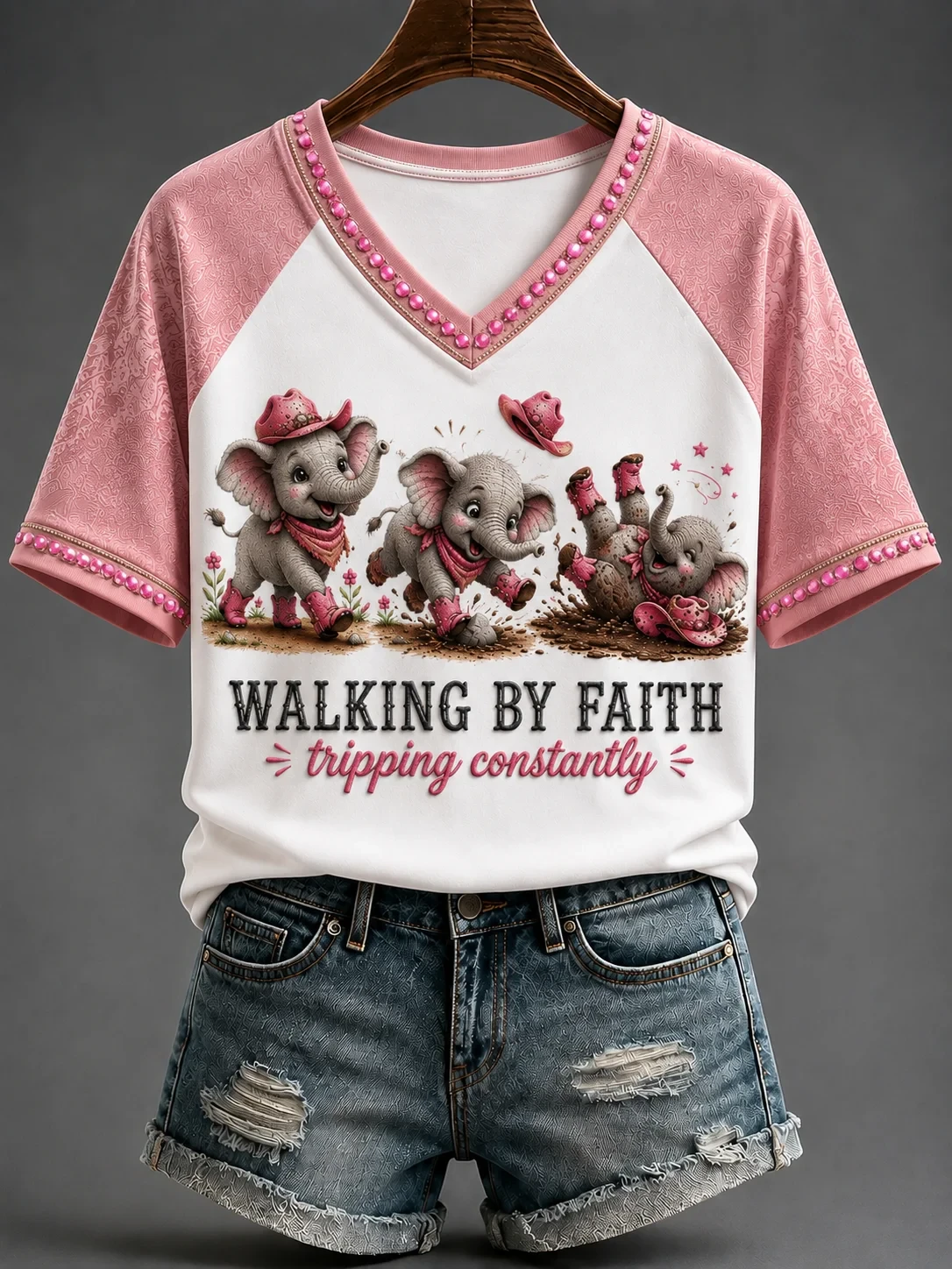 Elephant Walking By Faith Tripping Constantly V-Neck Shirt Pink Cute Animal Shirt Christ Gifts - Kdjoy Elephant Walking By Faith Tripping Constantly V-Neck Shirt Pink Cute Animal Shirt Christ Gifts - Kdjoy