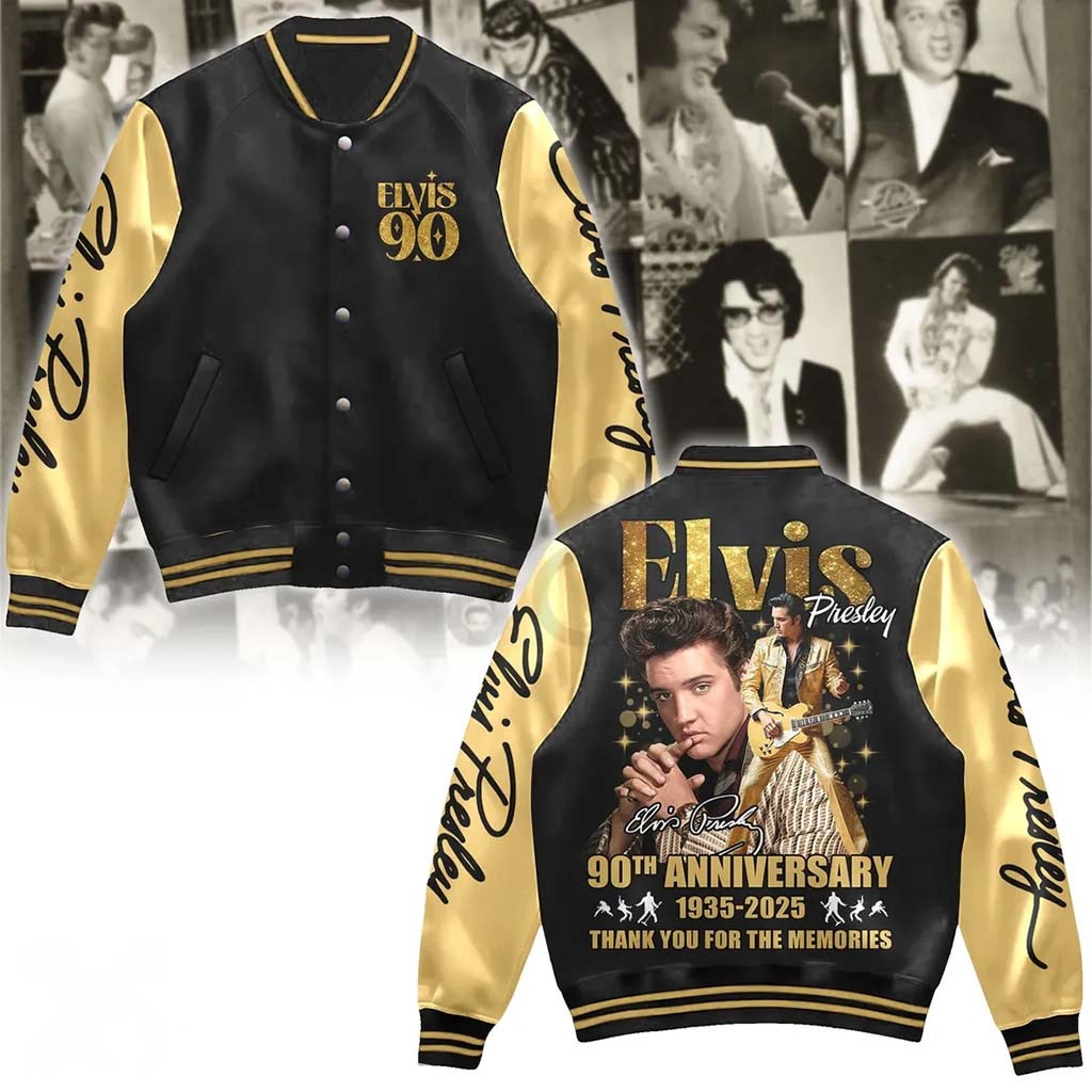 Elvis Presley 90th Anniversary Baseball Jacket Elvis Presley Merch Thank You For The Memories - Kdjoy Elvis Presley 90th Anniversary Baseball Jacket Elvis Presley Merch Thank You For The Memories - Kdjoy