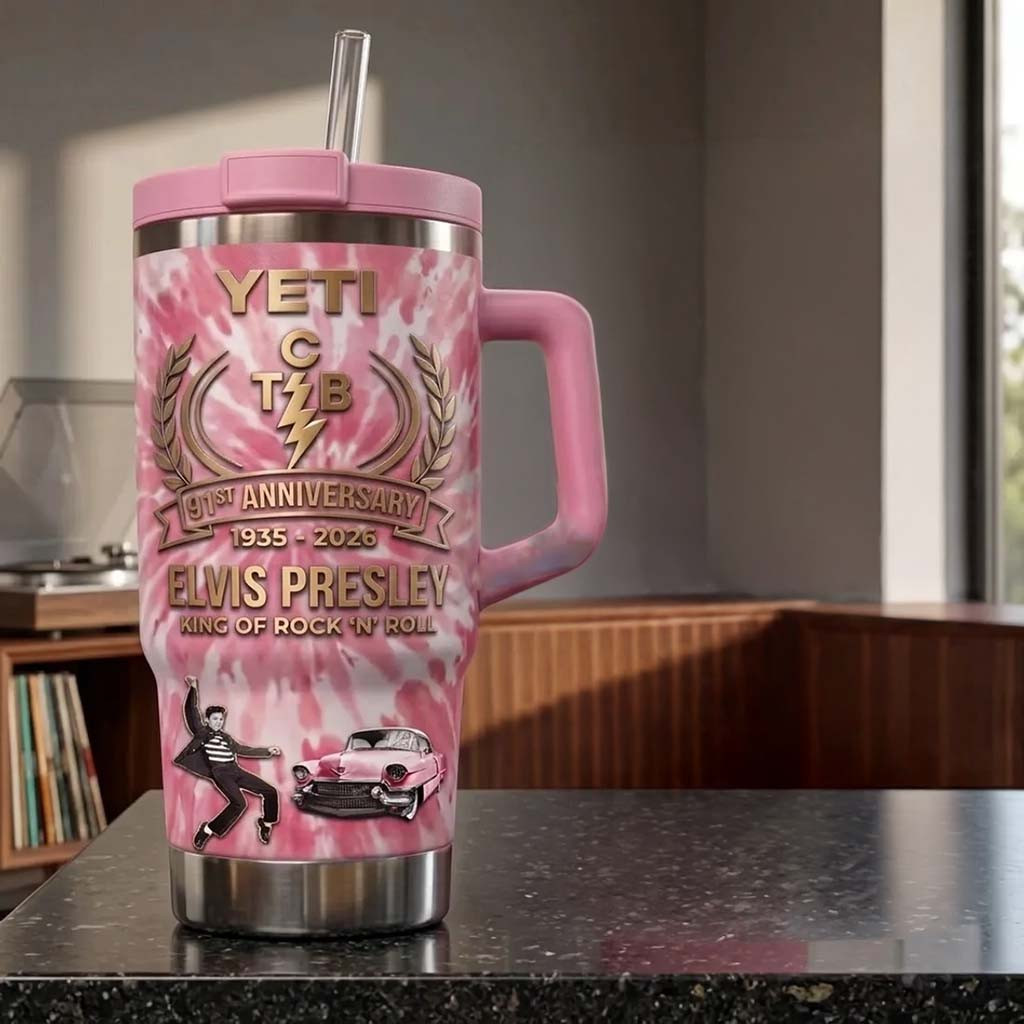 Elvis Presley 91st Anniversary Pink Stanley Tumbler King Of Rock N Roll Cup Elvis Presley Merch - Kdjoy