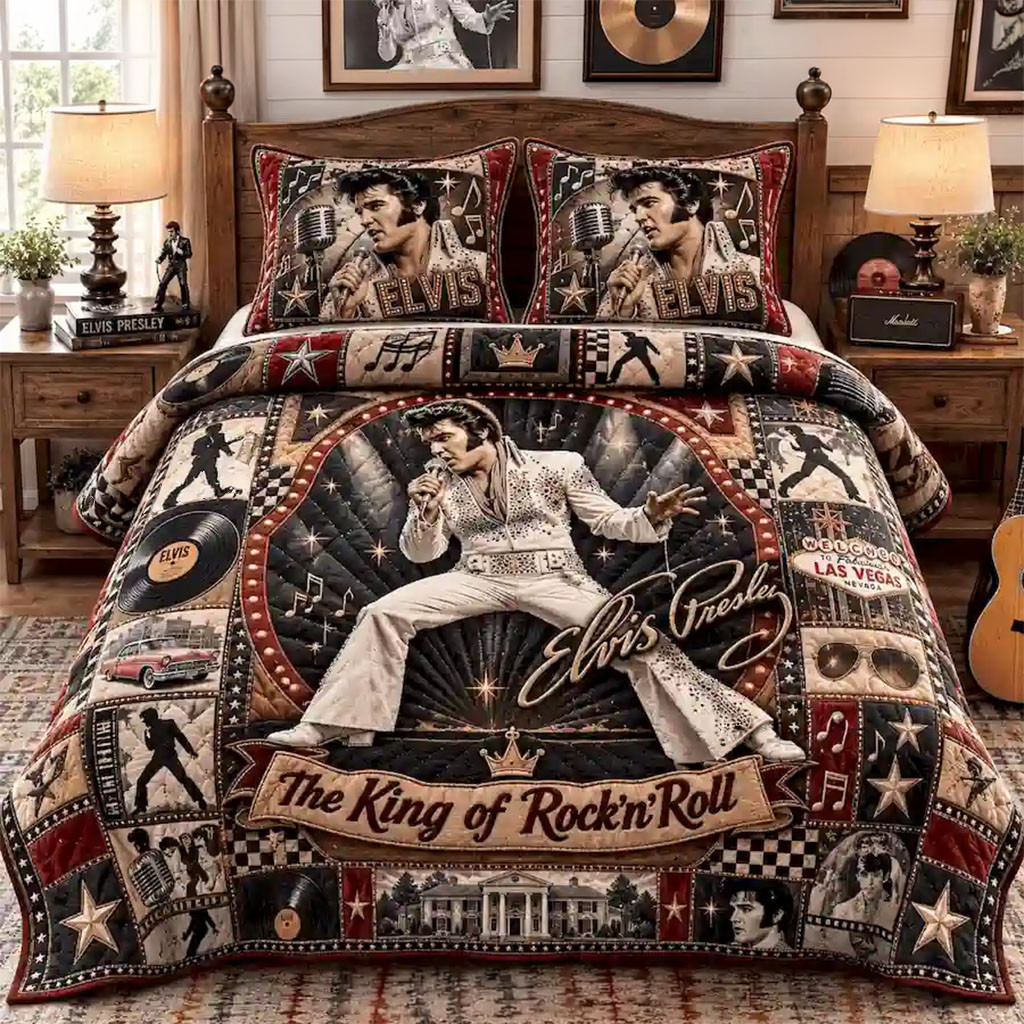 Elvis Presley King Of Rock N Roll Quilt Bedding Set Elvis Presley Merch Bedroom Decor - Kdjoy
