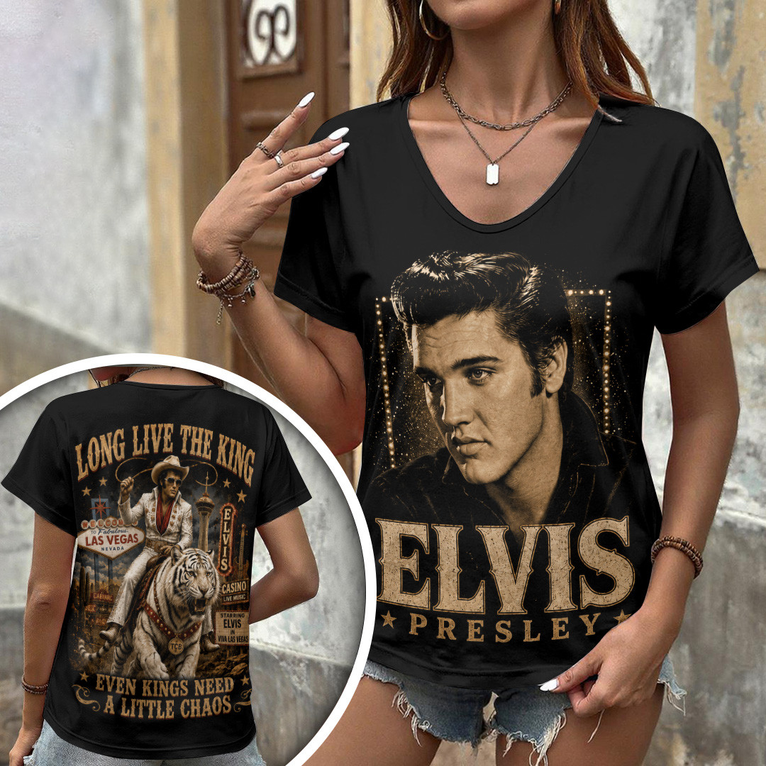 Elvis Presley Long Live The King Even Kings Need A Little Chaos V-Neck Shirt Elvis Presley Merch - Kdjoy Elvis Presley Long Live The King Even Kings Need A Little Chaos V-Neck Shirt Elvis Presley Merch - Kdjoy