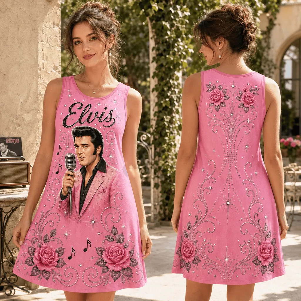 Elvis Presley Pink Rose Floral Tank Dress 2026 Elvis Presley Merch Music Lover Gift For Her - Kdjoy