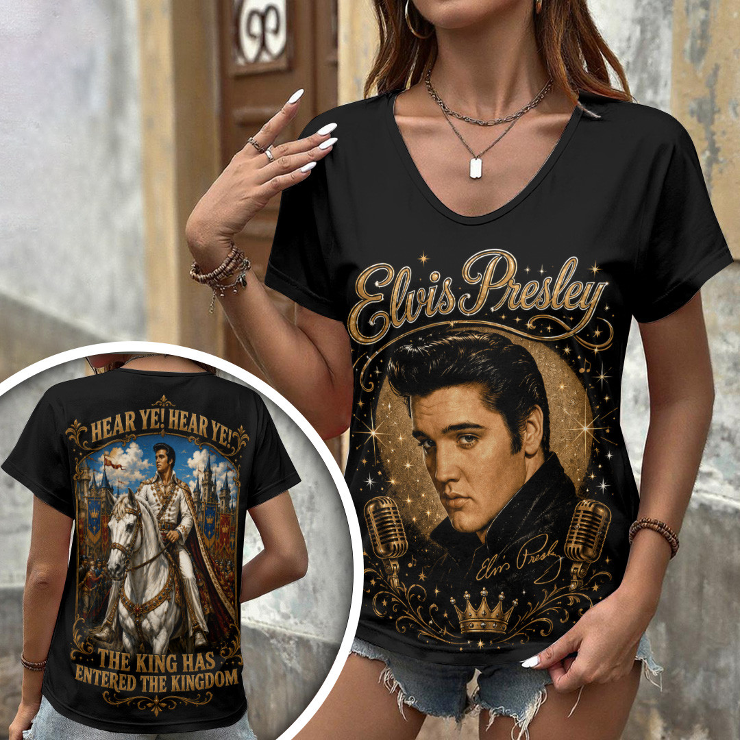 Elvis Presley The King Has Entered The Kingdom V-Neck Shirt Elvis Presley Merch Gift For Mom - Kdjoy Elvis Presley The King Has Entered The Kingdom V-Neck Shirt Elvis Presley Merch Gift For Mom - Kdjoy