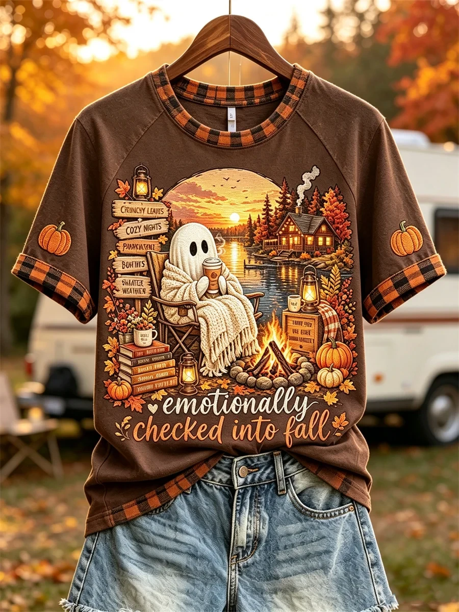 Emotionally Checked Into Fall Cozy Ghost By Campfire T-Shirt Cute Halloween Gifts - Kdjoy