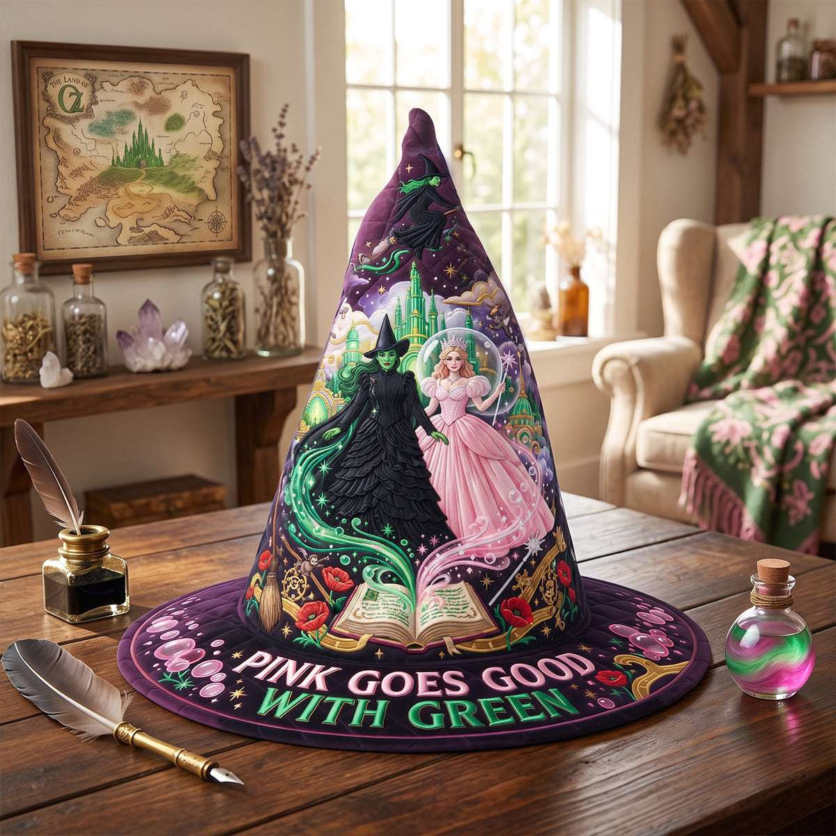 Enchanted Pink Goes Good With Green Quilted Witch Hat Enchanted Merch Halloween Decor - Kdjoy