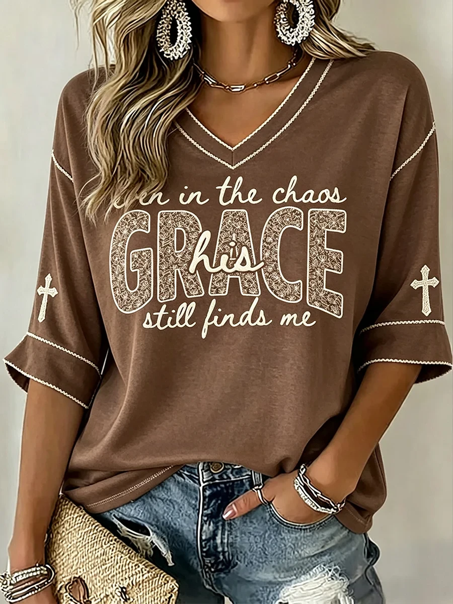 Even In The Chaos Grace Still Finds Me Cropped Sleeve V-Neck Shirt Christian Faith Merch Gift - Kdjoy Even In The Chaos Grace Still Finds Me Cropped Sleeve V-Neck Shirt Christian Faith Merch Gift - Kdjoy