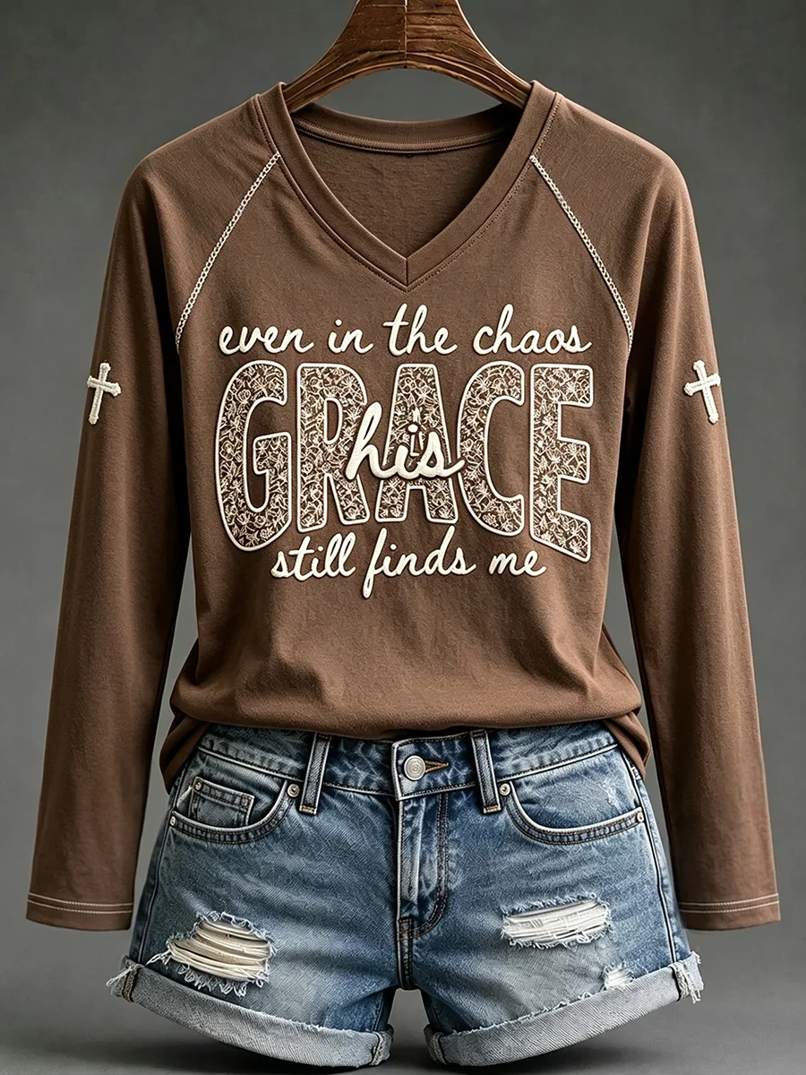 Even In The Chaos Grace Still Finds Me V-Neck Long-Sleeve Shirt Christian Faith Merch Gift - Kdjoy