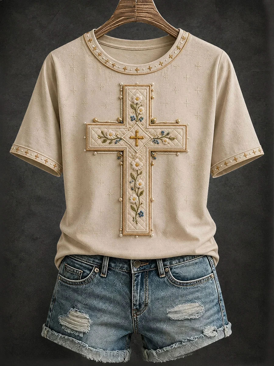 Faith Cross Floral T-Shirt Women's Christian Apparel Religious Gifts For Mom - Kdjoy