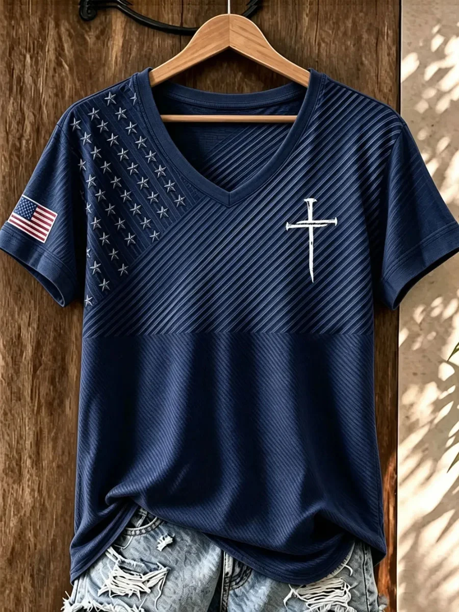 Faith Cross V-Neck Shirt USA Flag Shirts Faith Based Clothing Lines Present For Wife - Kdjoy