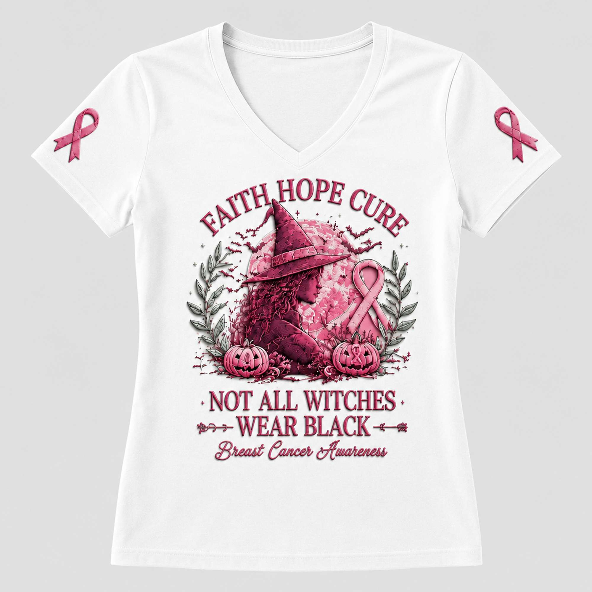 Faith Hope Cure Not All Witches Wear Black Breast Cancer Awareness V-Neck Shirt Gifts For Wife - Kdjoy