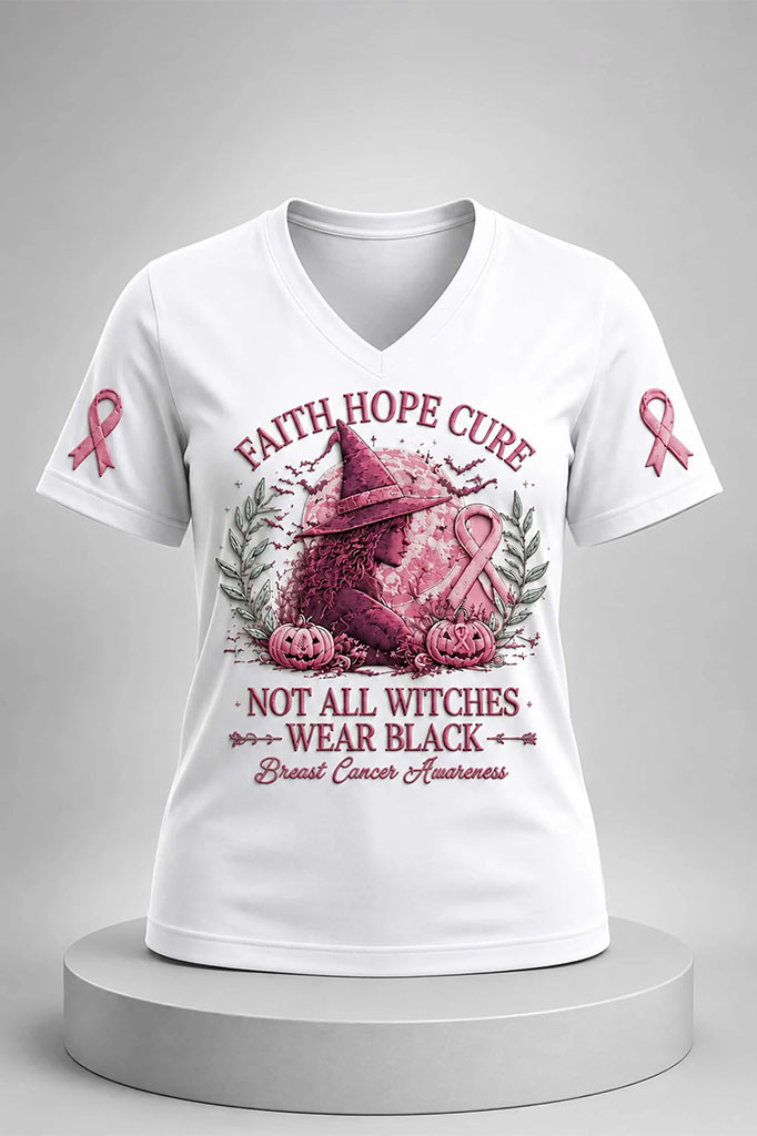 Faith Hope Cure Not All Witches Wear Black Breast Cancer Awareness V-Neck Shirt Pink Ribbon Shirt - Kdjoy