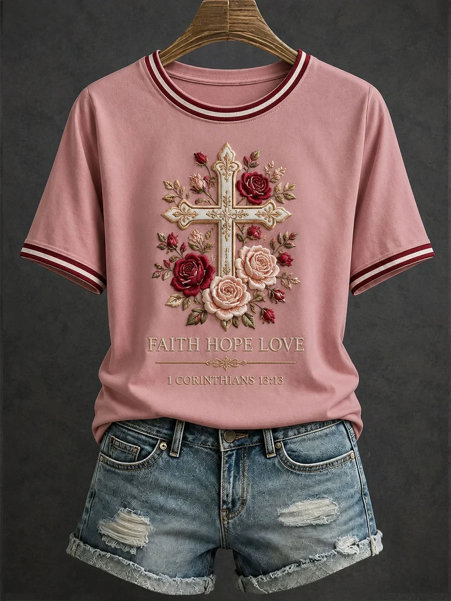 Faith Hope Love T-Shirt Floral Holy Cross Shirt Biblical Gifts For Women - Kdjoy