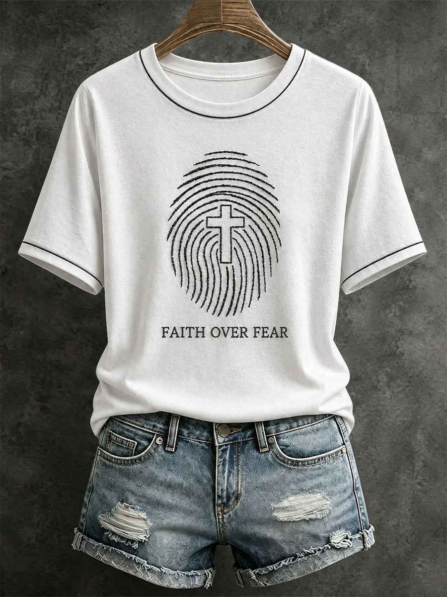 Faith Over Fear T-Shirt Fingerprint Holy Cross Shirt Gifts For Christian Woman - Kdjoy